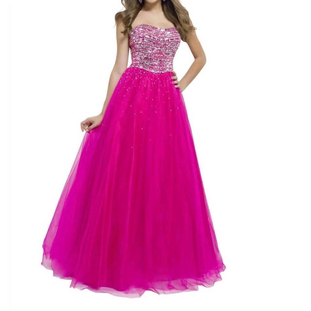 NEW BLUSH PROM strapless sequined tulle ballgown in vivid cerise/silver
